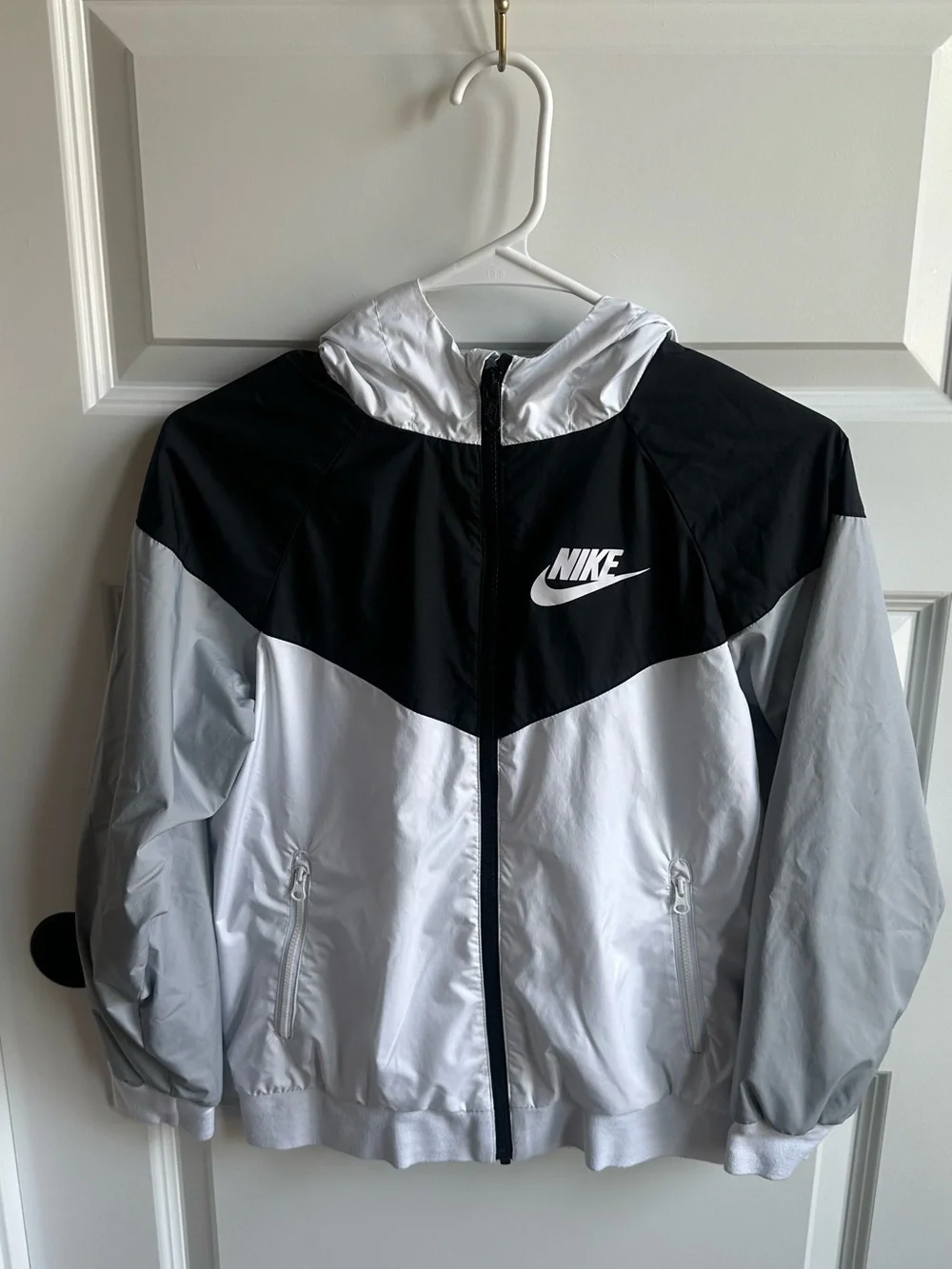 Nike Kids Black, White & Light Gray Hooded Windbreaker Rain Jacket